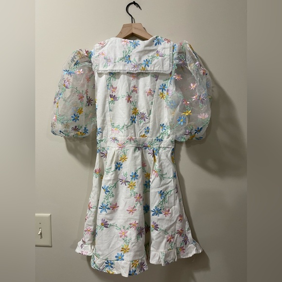 J. ING Sailor Peter Pan Color Floral Embroidered Puff Sleeve Ruffle Dress Small - Picture 9 of 12